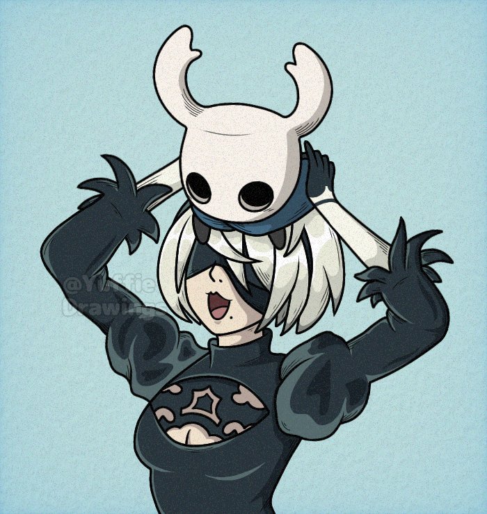 yuffie drawings, 2b (nier:automata), knight (hollow knight), hollow knight, nier:automata, nier (series), commentary, 1girl, 1other, black hairband, blindfold, breasts, cleavage, cleavage cutout, clothing cutout, crossover, grey hair, hairband, juliet sleeves, long sleeves, mole, mole under mouth, on head, open mouth, puffy sleeves, smile, twitter username, watermark