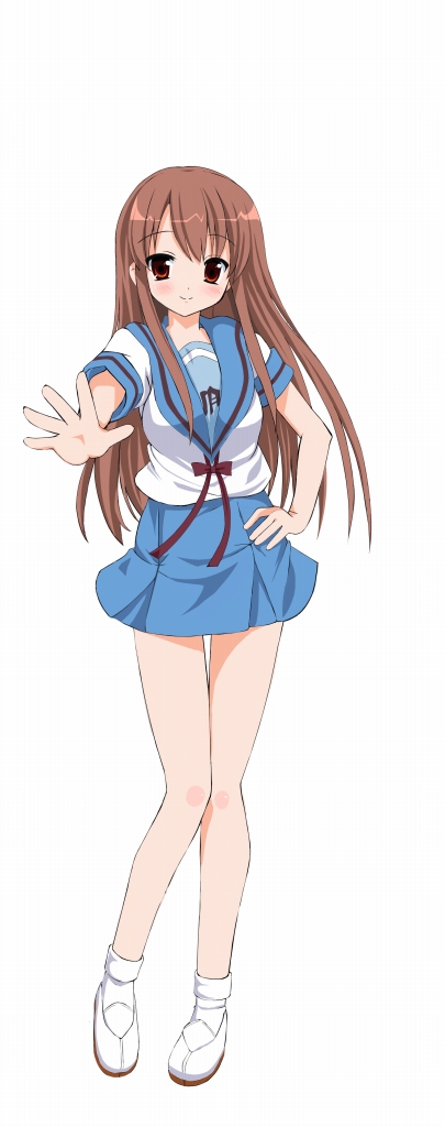 kiriya haruhito, asahina mikuru, kiriya, suzumiya haruhi no yuuutsu, 00s, 1girl, blue skirt, bobby socks, female focus, long hair, looking at viewer, pleated skirt, red eyes, sailor collar, school uniform, serafuku, shirt, shoes, simple background, skirt, socks, solo, uwabaki, very long hair, white background, white shirt, white socks