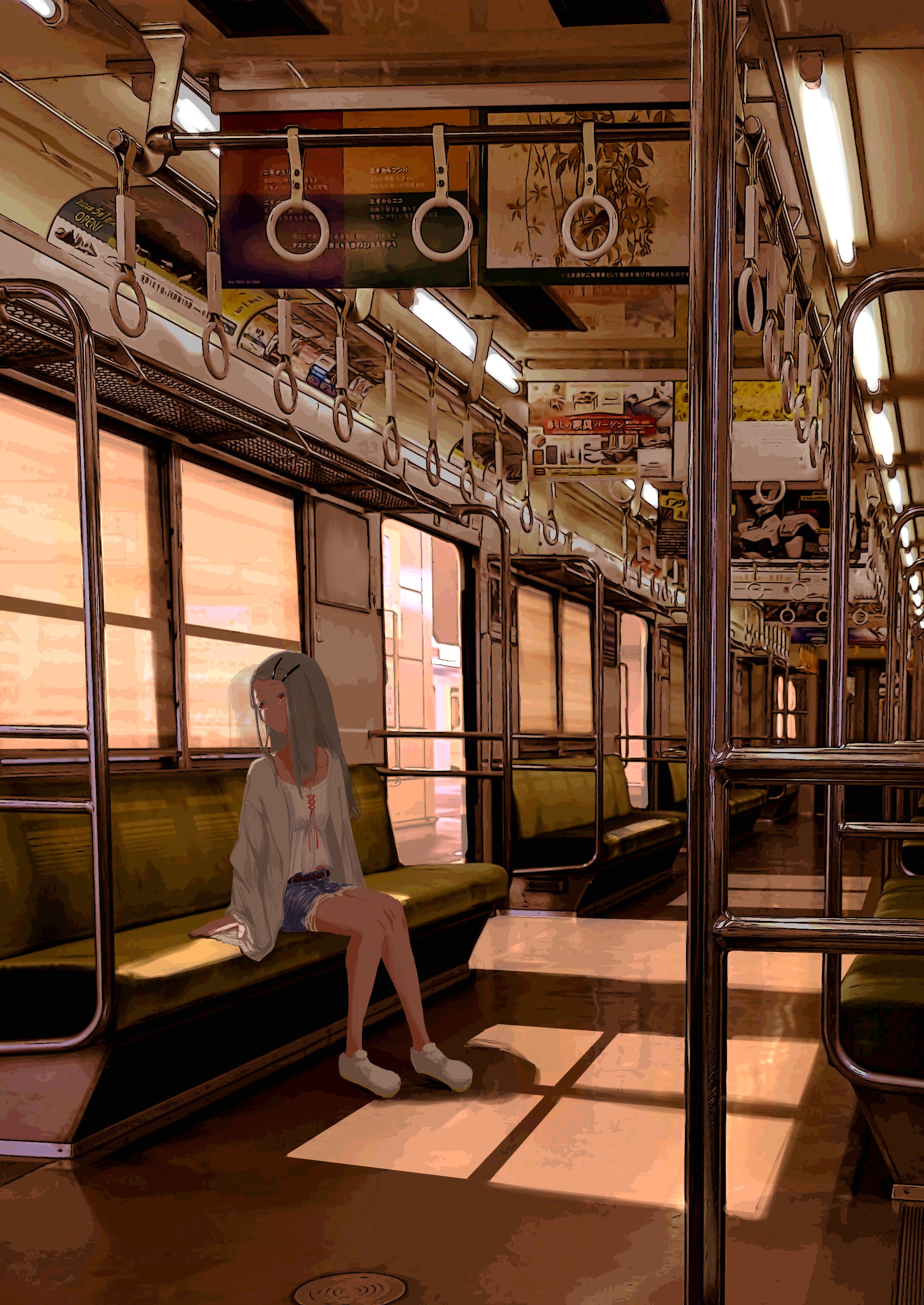 shinosawa hiro, gakuen idolmaster, idolmaster, absurdres, highres, 1girl, blonde hair, camisole, coat, dusk, hair ornament, hairclip, long hair, parallel hairclips, shoes, short shorts, shorts, sitting, sneakers, solo, toribukuro2000, train interior, white camisole, white coat, wide shot