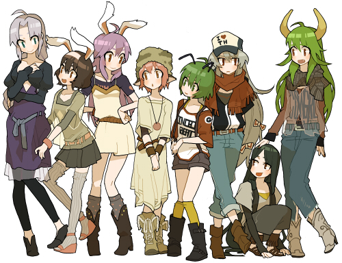 haruo (clownberry), ex-keine, fujiwara no mokou, houraisan kaguya, inaba tewi, kamishirasawa keine, mystia lorelei, reisen udongein inaba, wriggle nightbug, yagokoro eirin, touhou, silver hair, lowres, 6+girls, alternate costume, animal ears, antennae, belt, black hair, blue eyes, boots, bow, brown hair, casual, clothes writing, contemporary, denim, everyone, fang, female focus, gloves, green eyes, green hair, hair bow, hat, horns, jeans, jewelry, kneehighs, multiple girls, necklace, pants, pink eyes, pink hair, purple hair, rabbit ears, red eyes, sandals, scarf, shirt, shorts, simple background, skirt, socks, suspenders, t-shirt, thighhighs