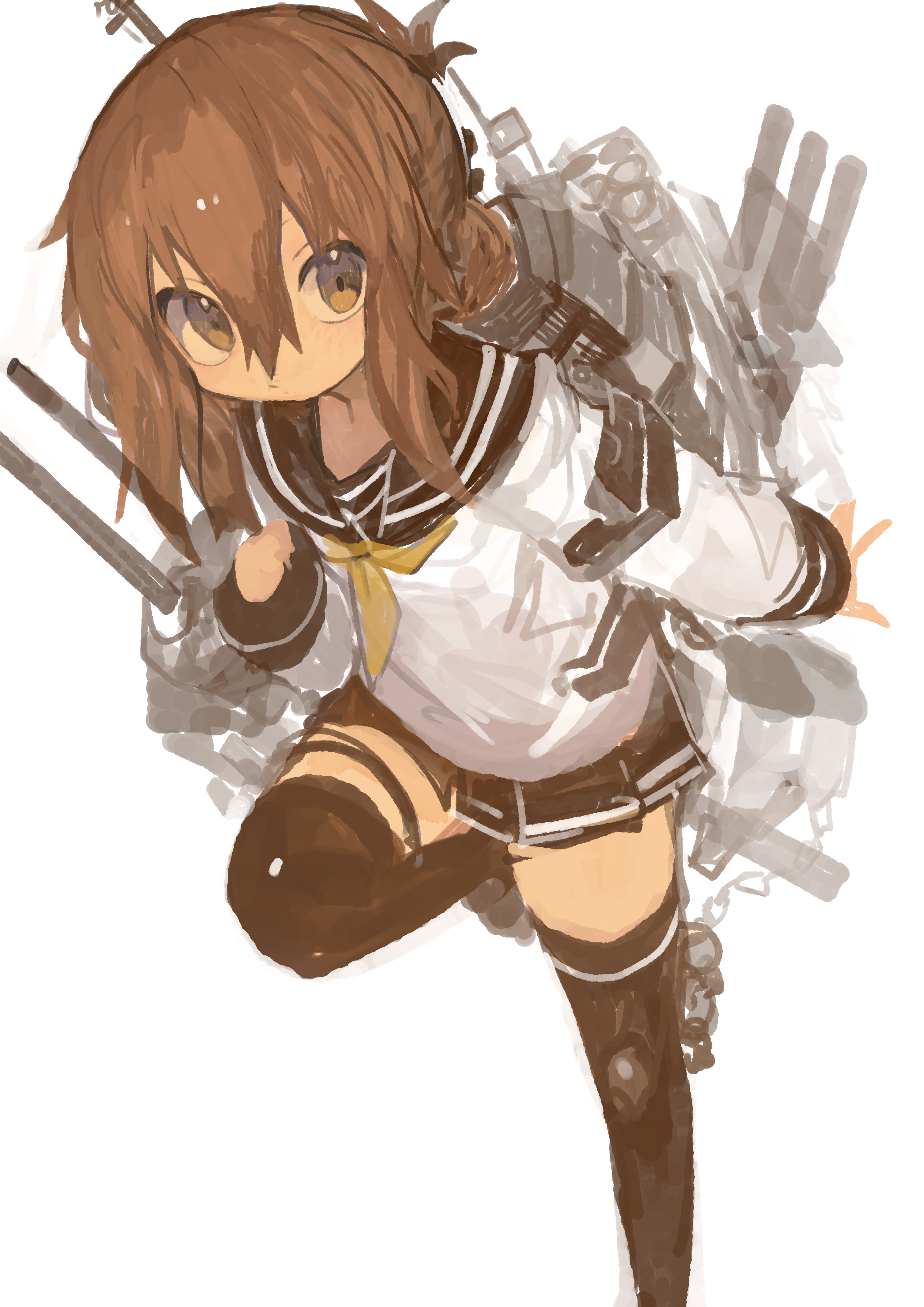 kaamin (mariarose753), inazuma (kancolle), kantai collection, absurdres, commentary, highres, 1girl, black sailor collar, black skirt, brown eyes, brown hair, closed mouth, folded ponytail, hair between eyes, leg up, long sleeves, looking at viewer, neckerchief, pleated skirt, rigging, sailor collar, school uniform, serafuku, ship turret, simple background, skirt, solo, thighhighs, white background, yellow neckerchief