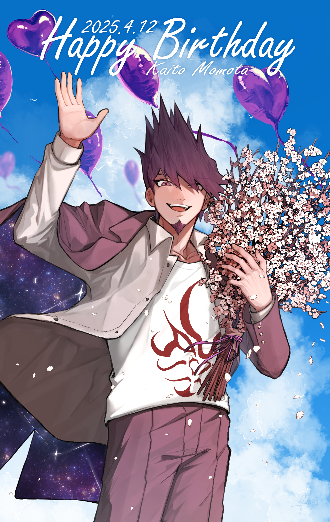 gaba33, momota kaito, danganronpa (series), danganronpa v3: killing harmony, commentary, highres, 1boy, arm up, blue sky, bouquet, character name, cherry blossoms, dated, facial hair, falling petals, flower, goatee, hair between eyes, happy, happy birthday, holding, holding bouquet, jacket, jacket partially removed, long sleeves, looking at viewer, male focus, open clothes, open mouth, pants, petals, print shirt, purple eyes, purple facial hair, purple hair, shirt, short hair, sky, smile, solo, space print, spiked hair, starry sky print, teeth, waving, white shirt