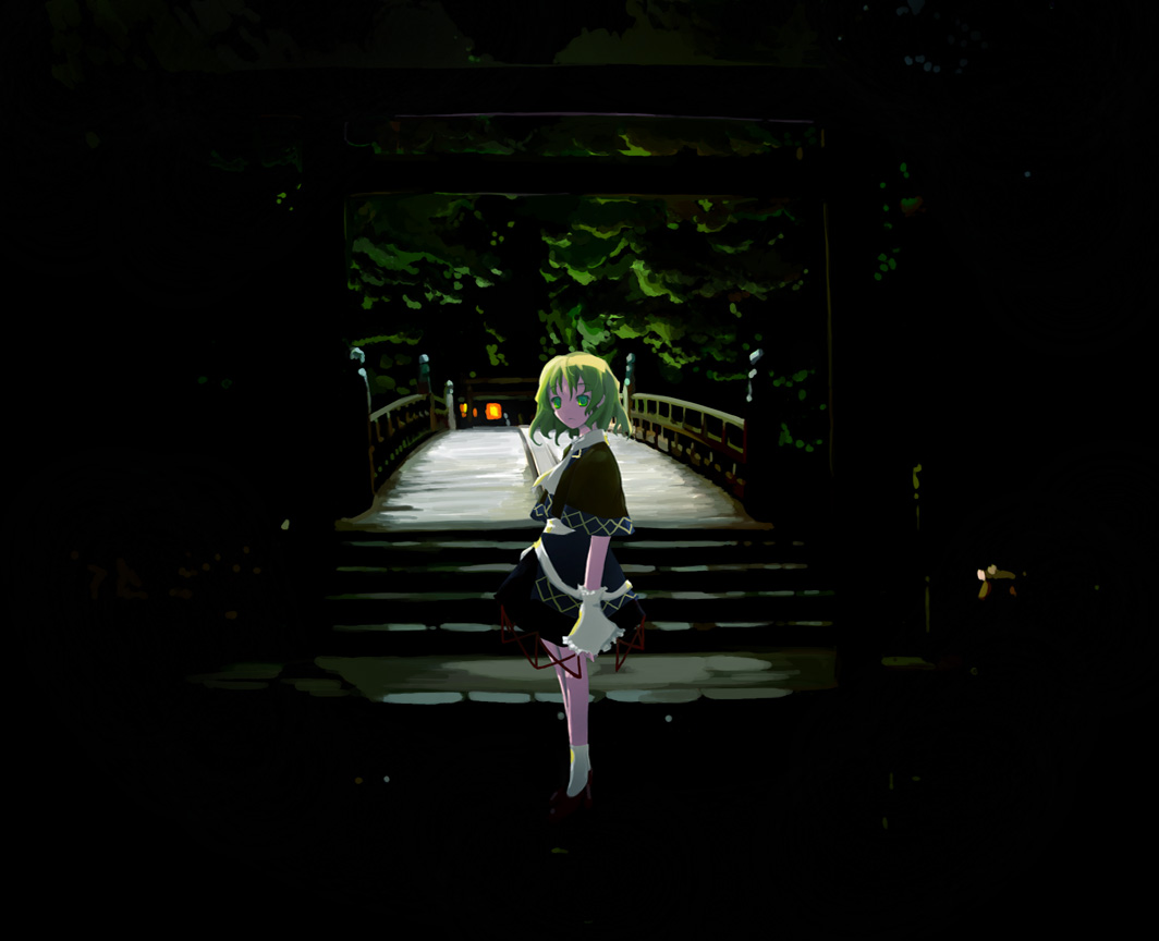 takanashi akihito, mizuhashi parsee, touhou, 1girl, ascot, bridge, cave, dark, female focus, green eyes, green hair, lantern, looking at viewer, matching hair/eyes, short hair, skirt, solo