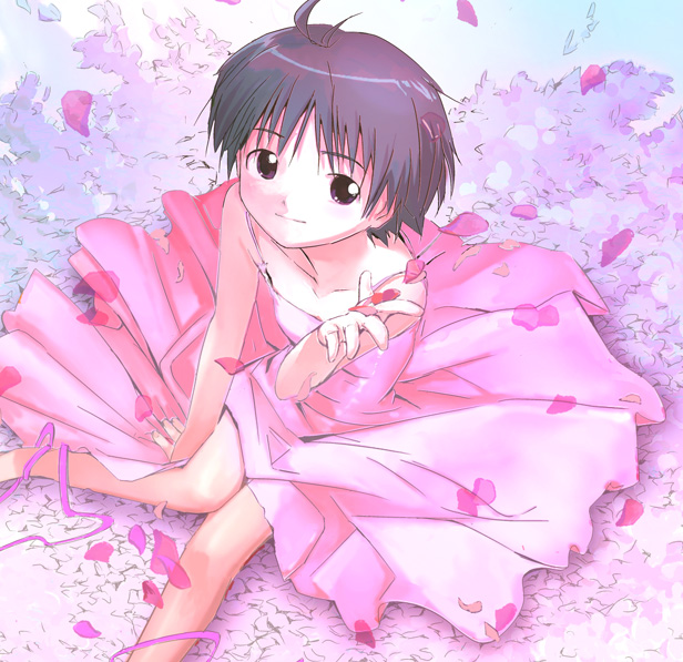 misagi nagu, kikuchi makoto, idolmaster, idolmaster (classic), idolmaster 1, 00s, 1girl, blush, collarbone, dress, female focus, from above, knees together feet apart, looking at viewer, petals, pink dress, rose petals, solo
