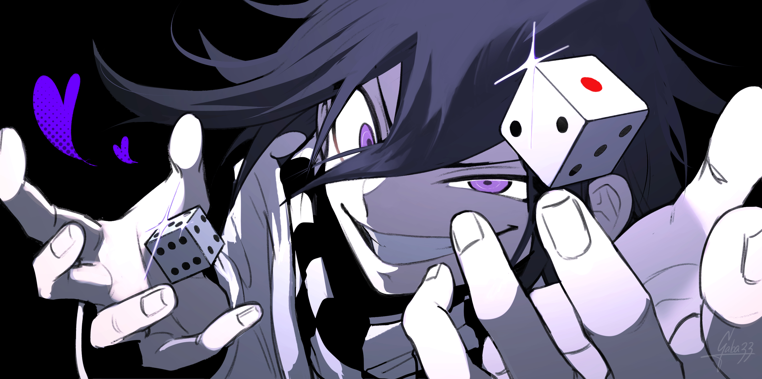 gaba33, oma kokichi, danganronpa (series), danganronpa v3: killing harmony, absurdres, commentary request, highres, 1boy, black background, black scarf, checkered clothes, checkered scarf, crazy eyes, dice, evil grin, evil smile, fingernails, grin, hair between eyes, halftone, heart, holding, holding dice, jacket, long hair between eyes, long sleeves, looking at viewer, male focus, pale skin, purple eyes, purple hair, scarf, short hair, signature, simple background, smile, solo, two-tone scarf, upper body, v-shaped eyebrows, white jacket, white scarf