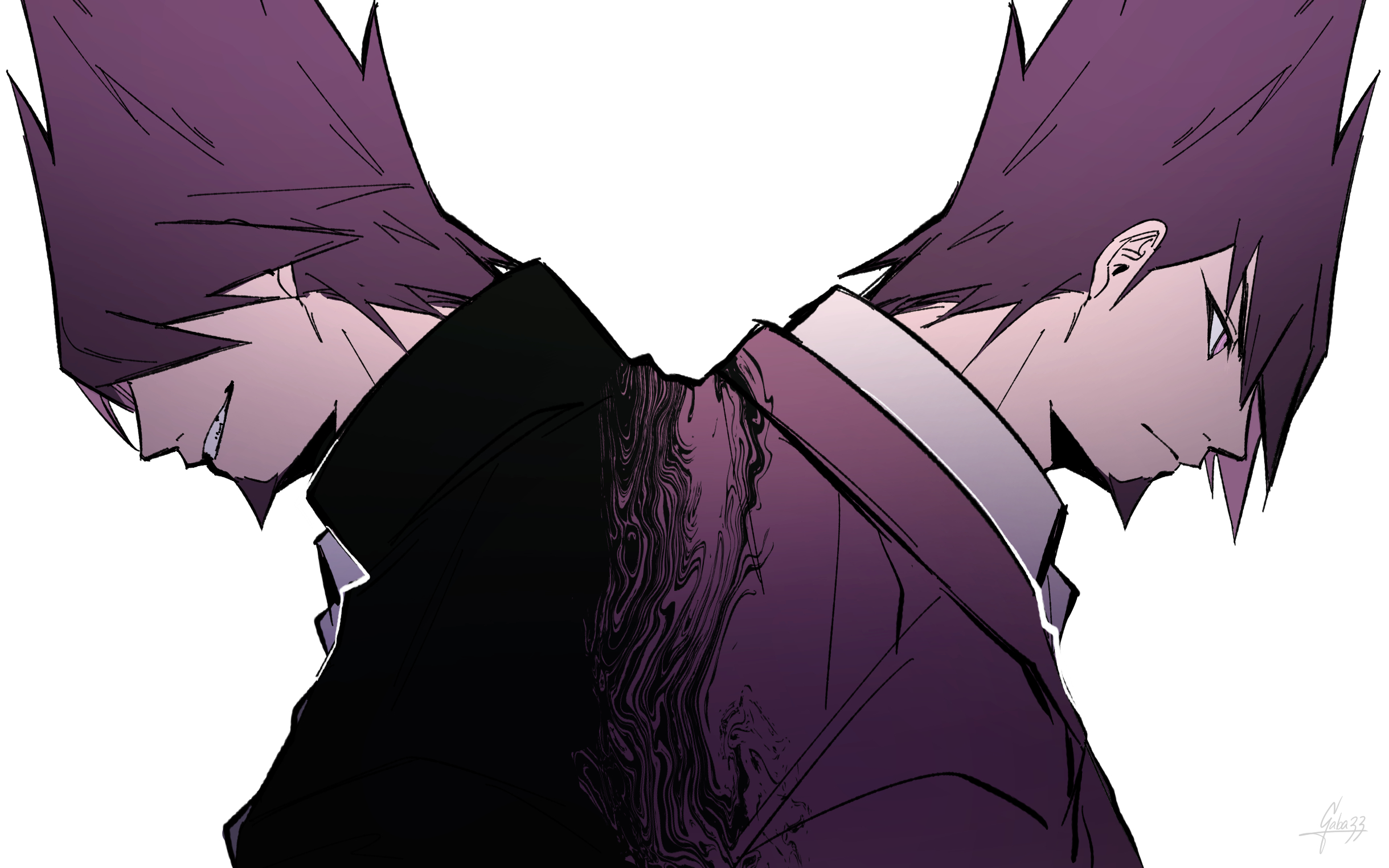 gaba33, momota kaito, danganronpa (series), danganronpa v3: killing harmony, commentary request, highres, 2boys, black jacket, closed mouth, coat, collared coat, collared shirt, dual persona, evil smile, expressionless, facial hair, from side, gakuran, goatee, hair over eyes, high collar, jacket, lapels, light frown, male focus, multiple boys, nostrils, official alternate costume, open clothes, open jacket, open mouth, pointy nose, purple coat, purple eyes, purple hair, school uniform, shirt, short hair, signature, simple background, smile, spiked hair, teeth, upper body, white background, white jacket, white shirt