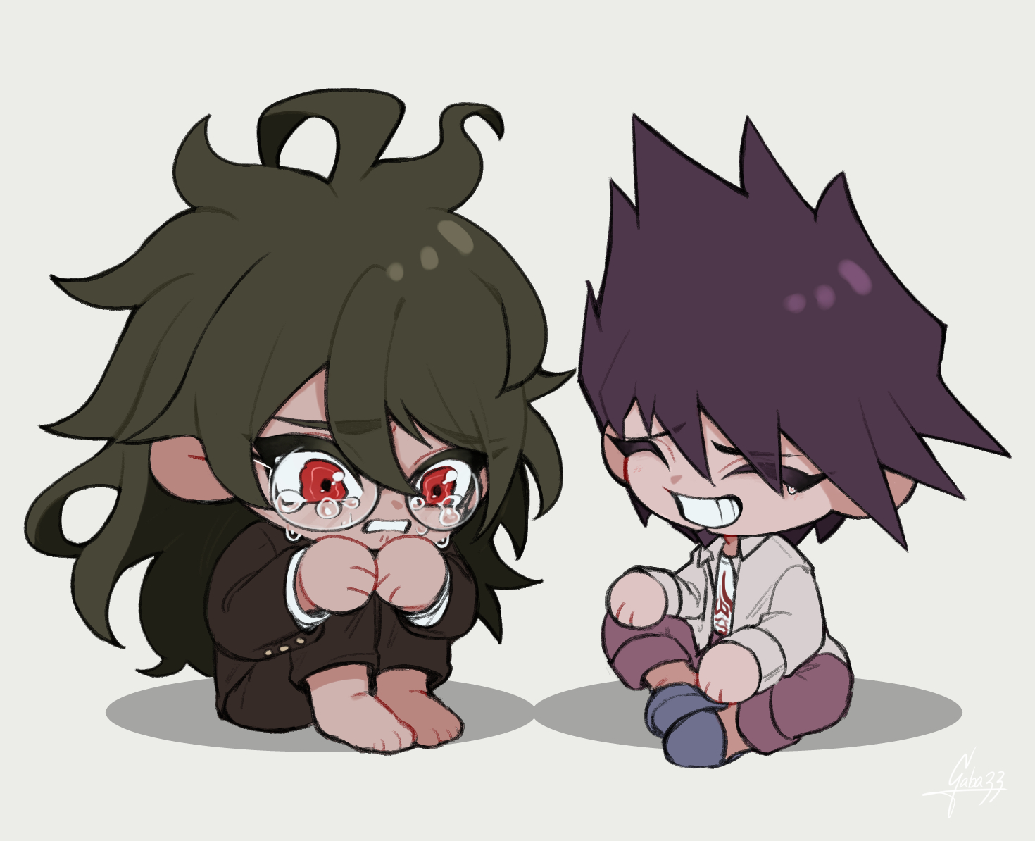 gaba33, gokuhara gonta, momota kaito, danganronpa (series), danganronpa v3: killing harmony, commentary request, 2boys, ^ ^, awkward, barefoot, blazer, blue slippers, brown jacket, brown pants, brown suit, business suit, buttons, chibi, clenched teeth, closed eyes, collared jacket, crying, crying with eyes open, dark-skinned male, dark skin, denim, dress pants, eyes visible through hair, facial hair, false smile, flame print, formal clothes, glasses, goatee, green hair, grey background, grey jacket, grin, hair between eyes, hand on lap, hand on own knee, hands on own knee, jacket, jeans, knees apart feet together, knees up, layered sleeves, long hair, long sleeves, male focus, messy hair, multiple boys, no coat, open clothes, open jacket, pants, print shirt, purple hair, purple pants, red eyes, round eyewear, sad, shadow, sharp teeth, shirt, signature, simple background, sitting, slippers, smile, suit, teardrop, tearing up, tears, teeth, very long hair, white shirt