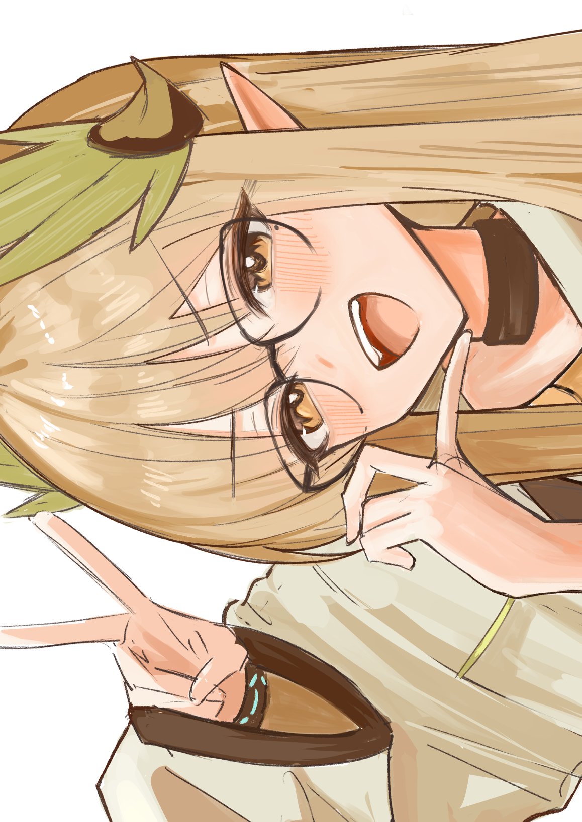 ha (huton in mach), infection monitor (arknights), muelsyse (arknights), arknights, commentary, highres, 1girl, :d, bespectacled, black-framed eyewear, black choker, blush, brown eyes, brown hair, choker, coat, double v, elf, glasses, grey coat, hands up, laurel crown, long hair, looking at viewer, open mouth, pointy ears, portrait, sideways, simple background, smile, solo, teeth, upper teeth only, v, v-shaped eyebrows, white background, wide sleeves