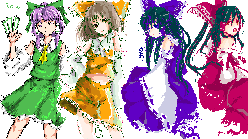 yae (mono110), hakurei reimu, touhou, 1girl, alternate color, ascot, blouse, female focus, multiple views, navel, orange shirt, shirt, sketch, skirt, sleeveless, sleeveless shirt, white ascot, white background, white shirt, yellow ascot