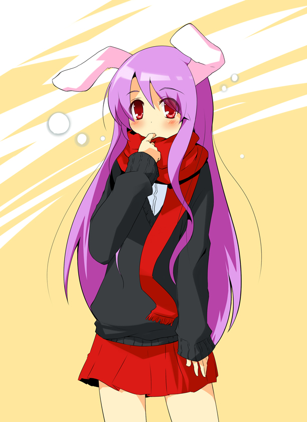 mukunoki nanatsu, reisen udongein inaba, touhou, 1girl, animal ears, blush, female focus, finger in own mouth, long hair, long sleeves, looking at viewer, miniskirt, pleated skirt, rabbit ears, red scarf, red skirt, scarf, skirt, sleeves past wrists, solo, standing, tareme