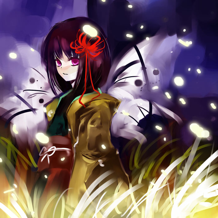 tomasu, tsurukame, hieda no akyuu, perfect memento in strict sense, touhou, 1girl, butterfly wings, female focus, flower, insect wings, japanese clothes, kimono, solo, wings