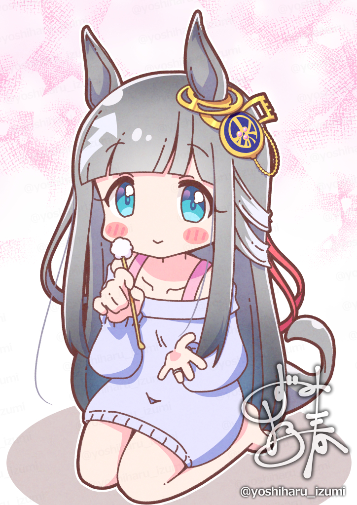 yoshiharu izumi, chrono genesis (umamusume), umamusume, commentary request, 1girl, alternate costume, animal ears, blue eyes, blunt bangs, blush, bra strap, breasts, chibi, closed mouth, collarbone, come hither, dress, ear cleaning, ear ornament, grey hair, hair between eyes, hair ornament, horse ears, horse girl, horse tail, jewelry, long hair, looking at viewer, mimikaki, off-shoulder dress, off shoulder, ring, seiza, signature, simple background, sitting, smile, solo, tail, twitter username, wedding ring