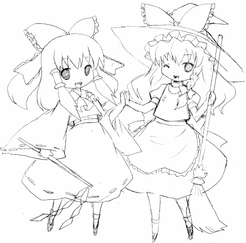michii yuuki, hakurei reimu, kirisame marisa, touhou, lowres, 2girls, :d, ;), apron, female focus, gohei, greyscale, hair tubes, lineart, looking at viewer, monochrome, multiple girls, one eye closed, open mouth, puffy short sleeves, puffy sleeves, short sleeves, sidelocks, simple background, smile, stick, vest, waist apron, white background