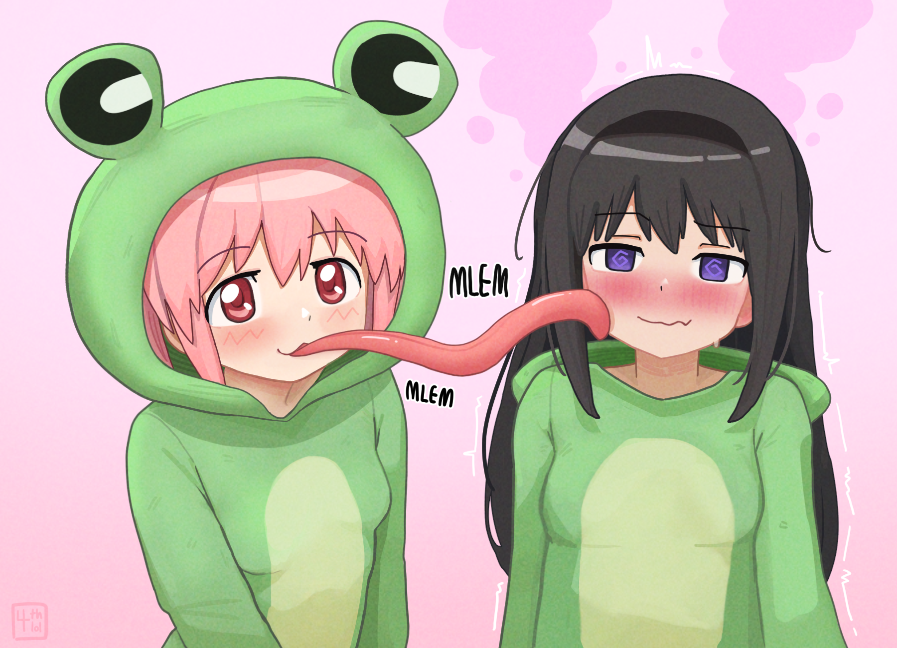 4th lol, akemi homura, kaname madoka, mahou shoujo madoka magica, highres, 2girls, @ @, animal costume, animal hood, black hair, black hairband, blush, breasts, closed mouth, frog costume, green hoodie, hairband, hood, hood up, hoodie, licking, licking another's face, long hair, multiple girls, nose blush, pink background, pink hair, purple eyes, red eyes, small breasts, smile, sound effects, upper body, very long hair, yuri