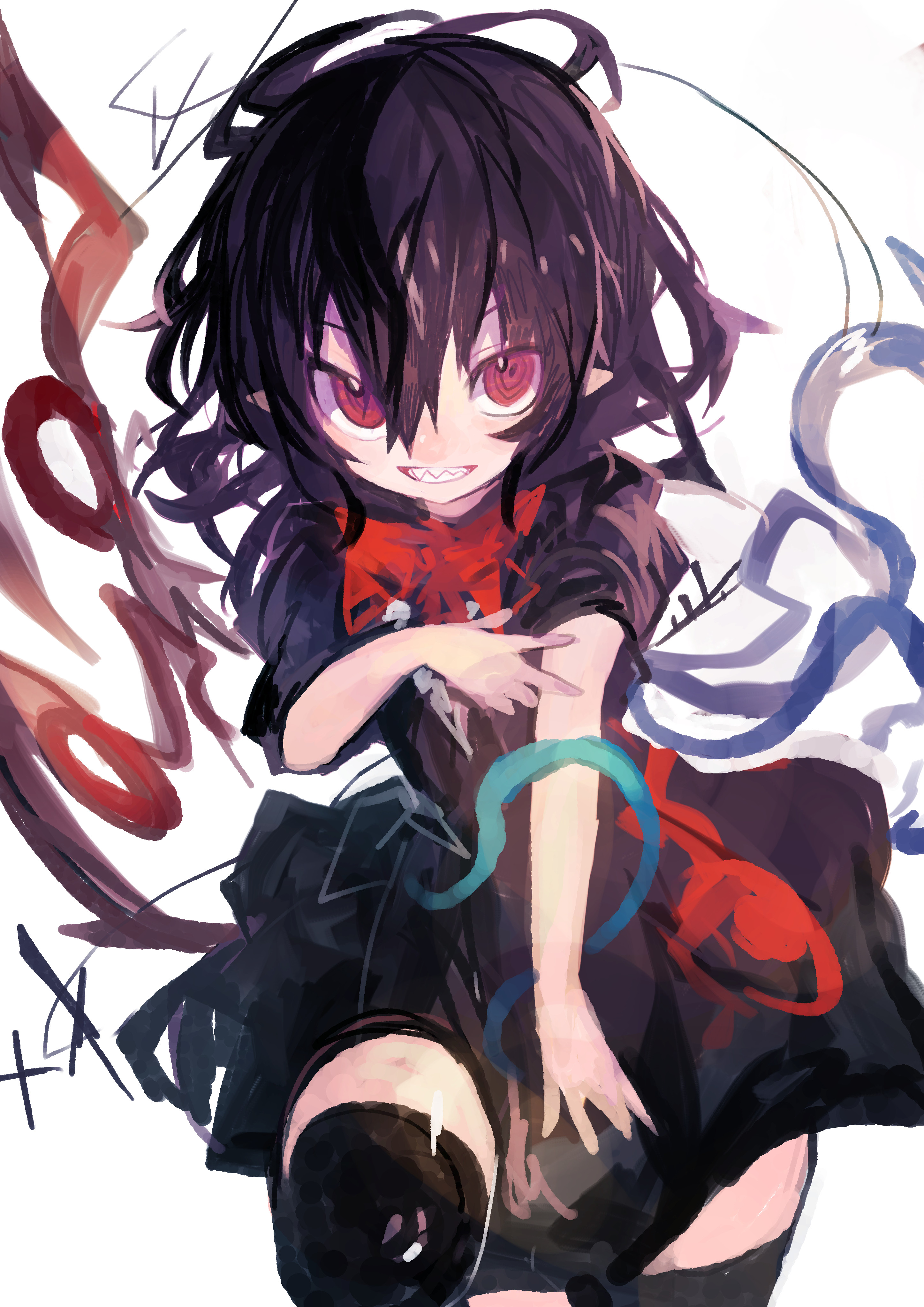 kaamin (mariarose753), houjuu nue, touhou, absurdres, commentary, highres, 1girl, asymmetrical wings, black dress, black hair, black thighhighs, blue wings, bow, bowtie, dress, hair between eyes, leg up, looking at viewer, medium hair, pointy ears, red bow, red bowtie, red eyes, red wings, sharp teeth, short sleeves, simple background, solo, teeth, thighhighs, white background, wings