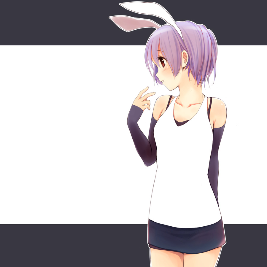 toshiya, original, looking away, 1girl, animal ears, arm behind back, bare shoulders, blush, collarbone, cowboy shot, detached sleeves, female focus, hand up, outline, parted lips, pink hair, purple hair, rabbit ears, red eyes, shiny skin, short hair, skirt, sleeveless, smile, solo, white outline