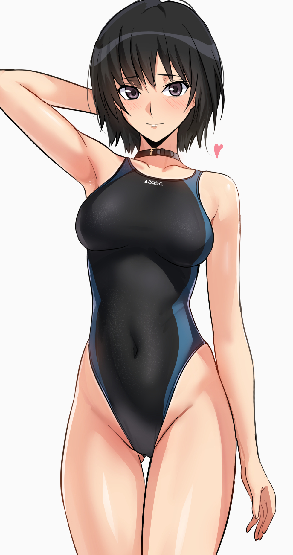 yoo tenchi, nanasaki ai, amagami, highres, 1girl, arm behind head, arm up, armpits, bare arms, black choker, black eyes, black hair, black one-piece swimsuit, blue one-piece swimsuit, breasts, choker, closed mouth, competition swimsuit, cowboy shot, gluteal fold, hair between eyes, highleg, highleg one-piece swimsuit, kneehighs, large breasts, looking at viewer, no shoes, one-piece swimsuit, one-piece tan, open mouth, short hair, simple background, smile, socks, solo, standing, swimsuit, tan, tanline, thigh gap, two-tone one-piece swimsuit, white background