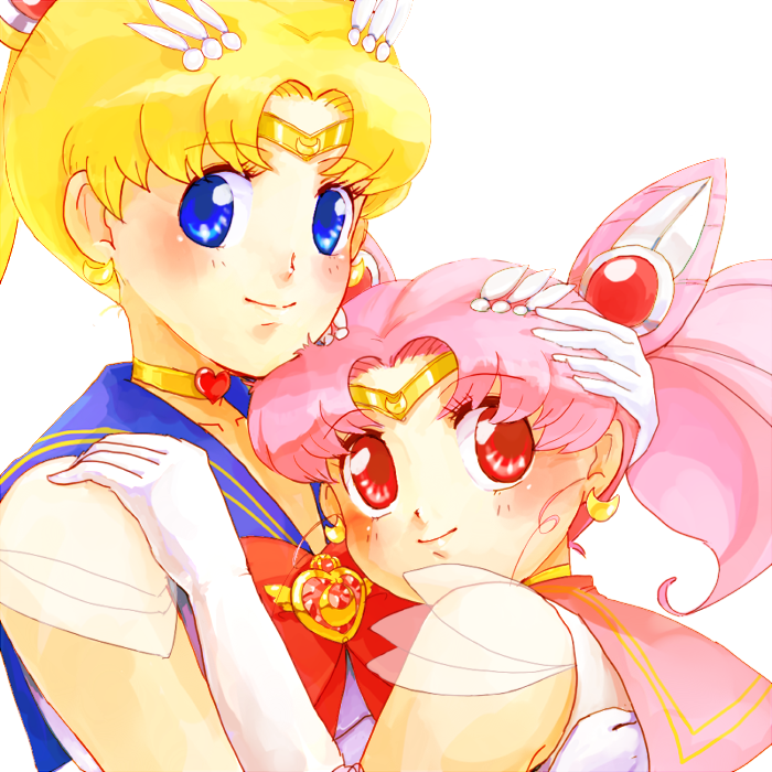 azuma yukihiko, chibi usa, sailor chibi moon, sailor moon, super sailor chibi moon, super sailor moon, tsukino usagi, bishoujo senshi sailor moon, bishoujo senshi sailor moon supers, bad id, bad pixiv id, 1990s (style), 2girls, age difference, blonde hair, blue eyes, blue sailor collar, blush, bow, brooch, child, choker, cone hair bun, earrings, female focus, gloves, hair bun, hair ornament, hairclip, heart, heart brooch, hug, jewelry, mother and daughter, multiple girls, pink hair, red bow, red eyes, retro artstyle, sailor collar, sailor senshi, smile, tiara, white gloves