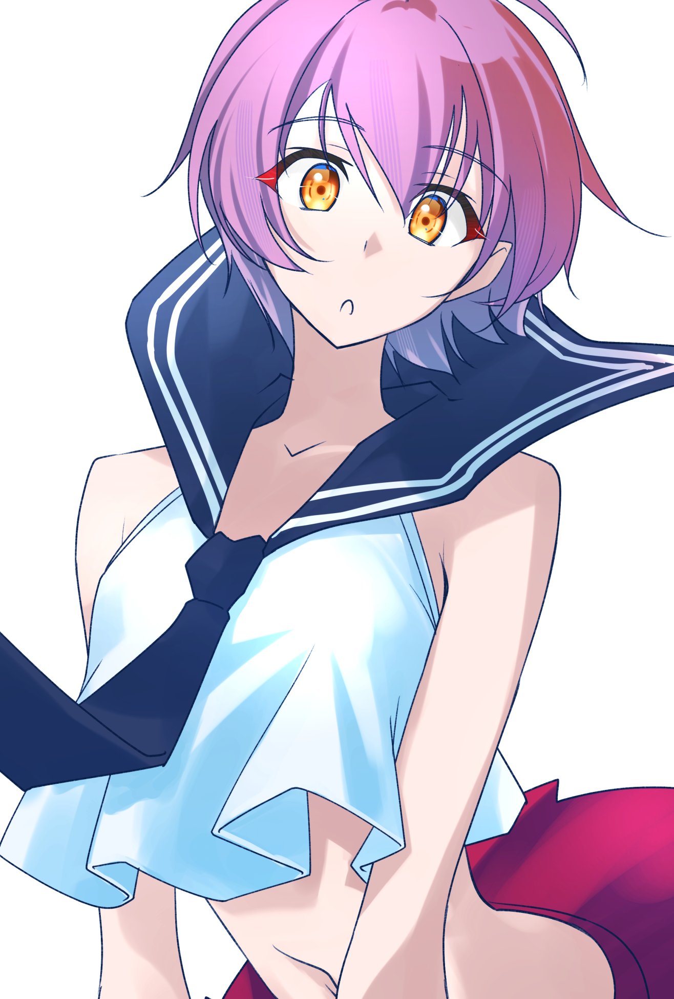 tsukasa (tukasa br), sakawa (kancolle), kantai collection, commentary request, highres, 1girl, black neckerchief, black sailor collar, looking at viewer, midriff, navel, neckerchief, one-hour drawing challenge, orange eyes, purple hair, red skirt, sailor collar, sailor shirt, shirt, short hair, simple background, skirt, sleeveless, sleeveless shirt, solo, upper body, white background, white shirt