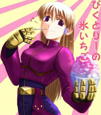 kula diamond, snk, the king of fighters, lowres, 1girl, female focus, food, gloves, ice cream, long hair, red eyes, smile, solo