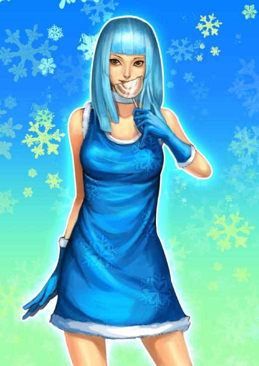 kula diamond, snk, the king of fighters, 1girl, candy, dress, female focus, food, gloves, ice, lollipop, long hair, red eyes, solo, swirl lollipop