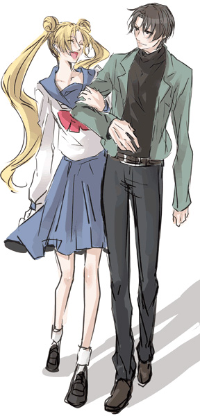 chiba mamoru, tsukino usagi, bishoujo senshi sailor moon, artist request, bad id, bad pixiv id, 1990s (style), 1boy, 1girl, black hair, black pants, blonde hair, blue sailor collar, bow, couple, hetero, long hair, long sleeves, pants, red bow, retro artstyle, sailor collar, school uniform, serafuku, skirt, twintails, very long hair, white background
