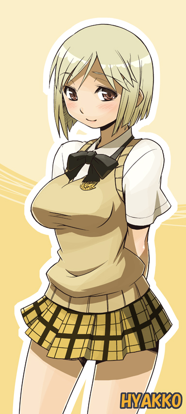 haganemaru kennosuke, nonomura ayumi, hyakko, long image, tall image, 00s, 1girl, badge, blonde hair, blush, bow, breasts, brown eyes, female focus, miniskirt, plaid clothes, plaid skirt, school uniform, serafuku, short hair, skirt, smile, solo, sweater vest, vest