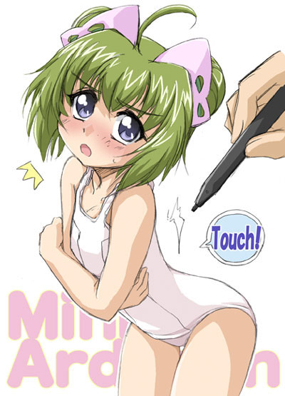 mihiro ardygun, banpresto, super robot wars, super robot wars w, ahoge, blue eyes, blush, double bun, green hair, hair bun, loli, one-piece swimsuit, school swimsuit, solo, stylus, swimsuit, white one-piece swimsuit, white school swimsuit