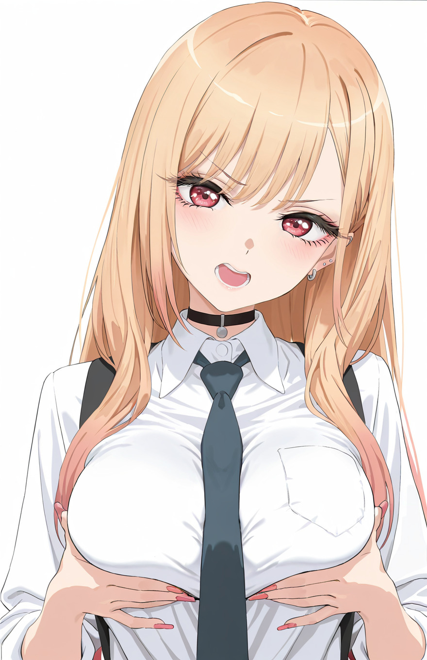 kareha sub, kitagawa marin, sono bisque doll wa koi wo suru, tie, annoyed, blonde hair, breasts, choker, ear piercing, grabbing own breast, gyaru, long hair, looking at viewer, open mouth, piercing, pink nails, red eyes, shirt, upper body, white background, white shirt