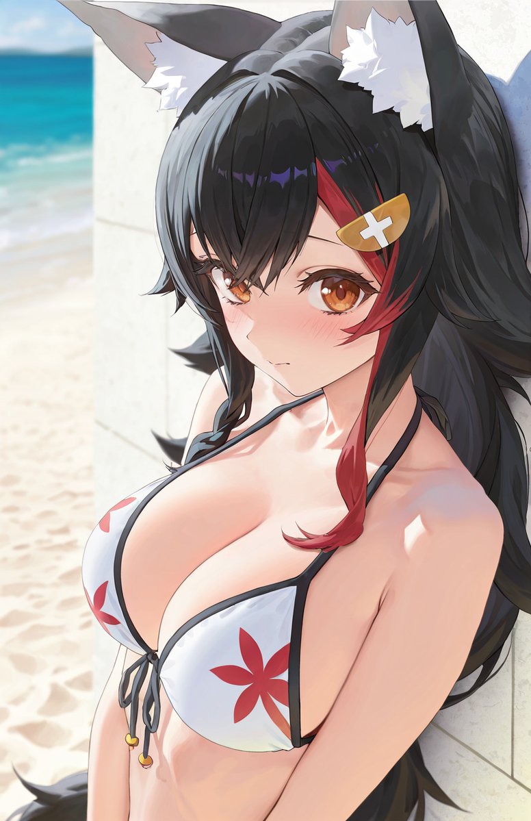 kareha sub, ookami mio, ookami mio (hololive summer 2019), hololive, animal ear fluff, beach, bikini, black hair, breasts, cleavage, large breasts, looking at viewer, ocean, sand, shy, swimsuit, white bikini, yellow eyes