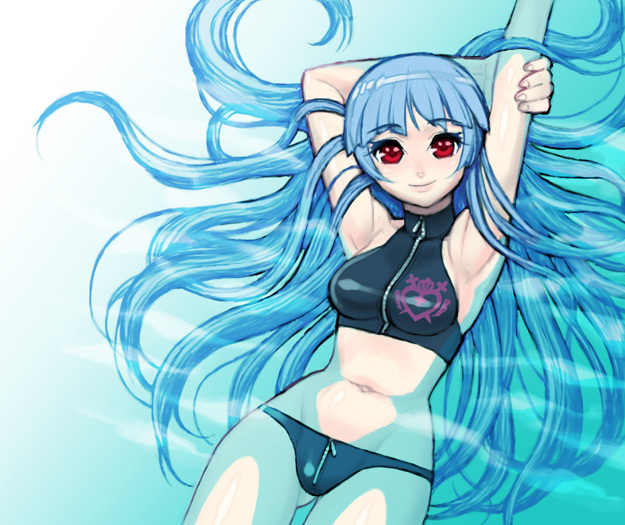 kula diamond, snk, the king of fighters, 1girl, armpits, arms up, bikini, female focus, long hair, red eyes, smile, solo, swimsuit