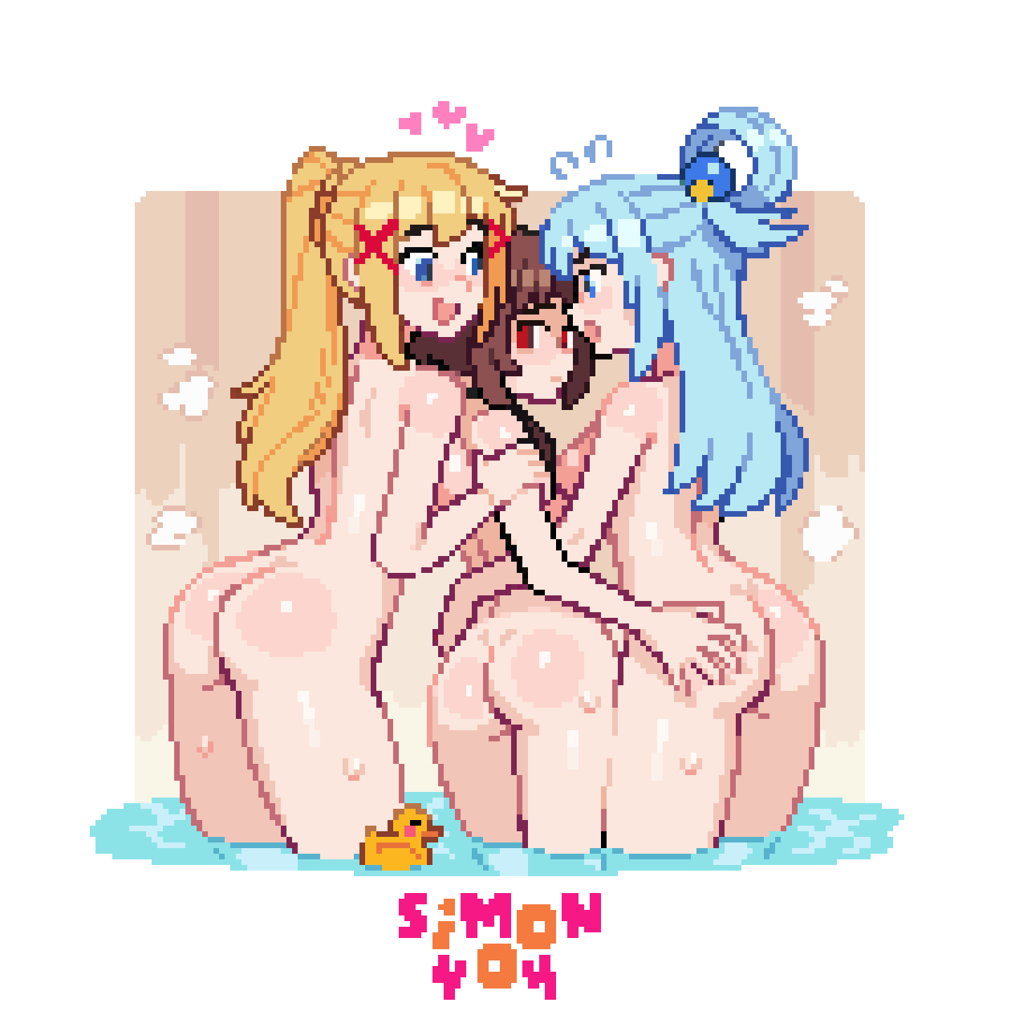 sim0n404, aqua (konosuba), darkness (konosuba), megumin, kono subarashii sekai ni shukufuku wo!, commentary, english commentary, highres, 3girls, artist name, ass, back, black hair, blonde hair, blue eyes, blue hair, braid, closed mouth, completely nude, from behind, grabbing another's ass, groping, hair ornament, hair rings, hand on another's ass, hug, long hair, looking at another, looking at viewer, looking back, median furrow, multiple girls, nude, open mouth, pixel art, ponytail with braided base, red eyes, rubber duck, single hair ring, sphere hair ornament, steam, thighs, wading, water, wet, x hair ornament, yuri