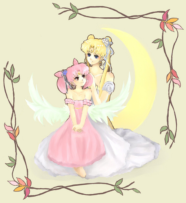 nako, chibi usa, princess serenity, small lady serenity, tsukino usagi, bishoujo senshi sailor moon, 1990s (style), 2girls, age difference, bare shoulders, barefoot, blonde hair, child, cone hair bun, crescent, crescent facial mark, crescent moon, double bun, dress, facial mark, feet, gown, hair bun, moon, mother and daughter, multiple girls, pink hair, retro artstyle, short twintails, strapless, strapless dress, toes, twintails, wings