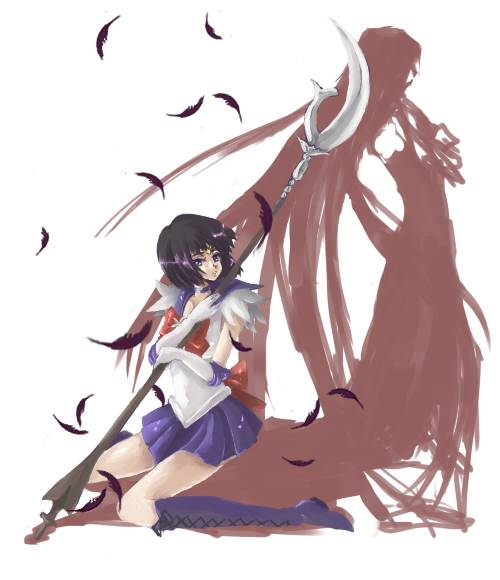 nako, nako (nonrain), mistress 9, sailor saturn, tomoe hotaru, bishoujo senshi sailor moon, bishoujo senshi sailor moon s, 1990s (style), 1girl, black feathers, black hair, bob cut, boots, bow, brooch, brown bow, choker, elbow gloves, feathers, female focus, full body, gloves, holding, holding polearm, holding spear, holding weapon, jewelry, knee boots, kneeling, magical girl, over shoulder, polearm, purple boots, purple skirt, retro artstyle, shadow, short hair, silence glaive, silhouette, skirt, solo, spear, staff, star brooch, tiara, weapon, weapon over shoulder, white gloves