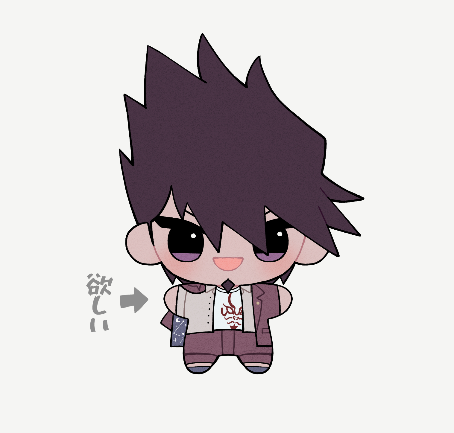 gaba33, momota kaito, danganronpa (series), danganronpa v3: killing harmony, commentary request, highres, translation request, 1boy, arrow (symbol), blue shoes, buttons, chibi, coat, coat partially removed, collared coat, collared jacket, crescent, dark-skinned male, dark skin, denim, facial hair, flame print, goatee, grey background, grey jacket, hair between eyes, jacket, jeans, lapel pin, lapels, light blush, long sleeves, looking at viewer, male focus, notched lapels, open clothes, open jacket, open mouth, outstretched arms, pants, pocket, print coat, print shirt, purple coat, purple eyes, purple hair, purple pants, shirt, shoes, short hair, simple background, smile, solo, space print, spiked hair, standing, starry sky print, straight-on, two-sided coat, two-sided fabric, white shirt