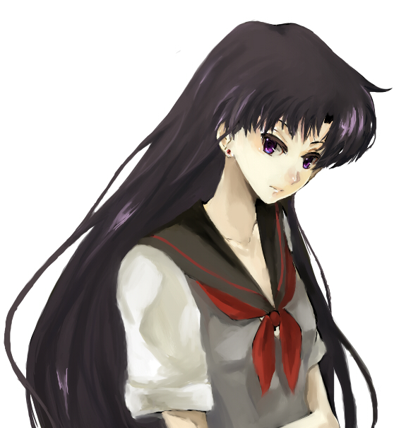 nako, nako (nonrain), hino rei, bishoujo senshi sailor moon, bad id, bad pixiv id, 1990s (style), 1girl, black hair, earrings, female focus, jewelry, long hair, purple eyes, retro artstyle, school uniform, serafuku, simple background, solo, vest, white background