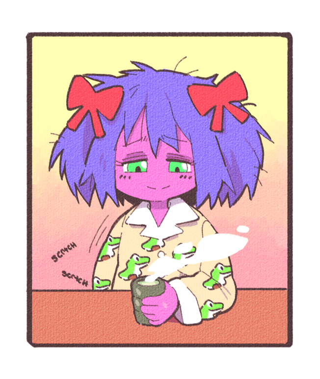 inkerton-kun, bury pink gril, 4chan, blue hair, border, drink, green eyes, green tea, hair ornament, hair ribbon, holding, holding drink, looking at object, looking down, pajamas, red ribbon, ribbon, table, tea, white border