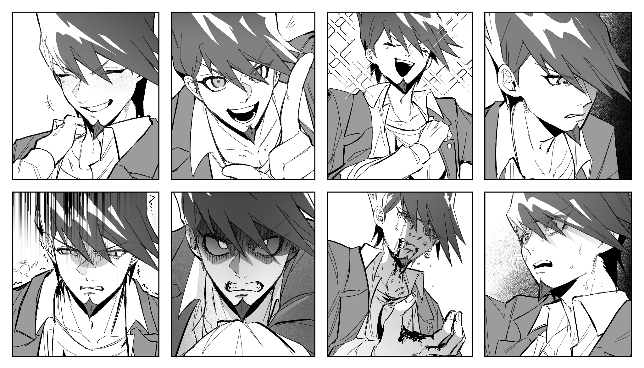 gaba33, momota kaito, danganronpa (series), danganronpa v3: killing harmony, commentary request, highres, 1boy, ^ ^, blood, blood drip, blood from mouth, blood on hands, clenched teeth, closed eyes, clothes grab, coat partially removed, collarbone, collared coat, collared jacket, constricted pupils, crying, determined, eyes visible through hair, facial hair, flame print, furrowed brow, gloom (expression), goatee, greyscale, grin, hair between eyes, hand on own hip, hand on own neck, happy, jacket, lapel pin, lapels, long sleeves, looking at viewer, male focus, monochrome, multiple expressions, multiple views, nervous sweating, nostrils, notched lapels, notice lines, open clothes, open jacket, open mouth, pectoral cleavage, pectorals, pointing, print shirt, raised inner eyebrows, sad, scared, shaded face, shirt, shirt grab, short hair, smile, sparkle, spiked hair, surprised, sweat, teardrop, teeth, trembling, upper teeth only, v-shaped eyebrows, wide-eyed