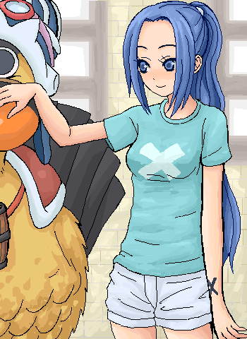 karoo (one piece), nefertari vivi, one piece, lowres, bird, blue eyes, blue hair, duck, headpat, ponytail, shirt, shorts, smile, t-shirt