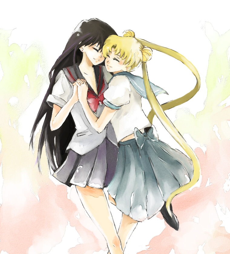 nako, nako (nonrain), hino rei, tsukino usagi, bishoujo senshi sailor moon, bad id, bad pixiv id, 1990s (style), 2girls, black hair, blonde hair, blue sailor collar, bow, closed eyes, double bun, holding hands, long hair, multiple girls, red bow, sailor collar, school uniform, serafuku, twintails, yuri