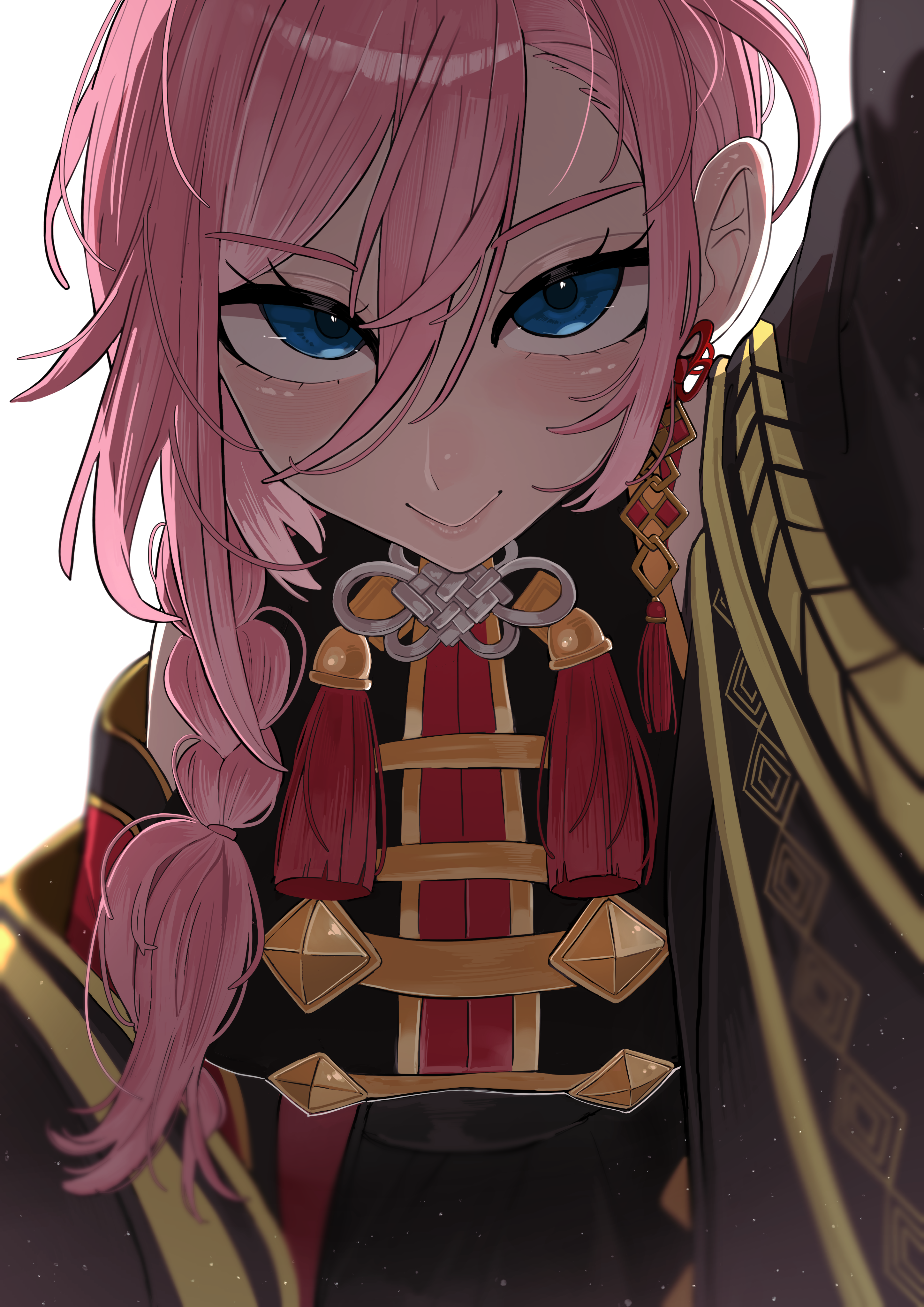 yuuppi, takane lui, takane lui (china dress), hololive, absurdres, highres, 1girl, :>, blue eyes, braid, braided ponytail, breasts, china dress, chinese clothes, dress, endless knot, hair between eyes, jewelry, kabedon, kabedon on viewer, long hair between eyes, official alternate costume, pink hair, smile, virtual youtuber