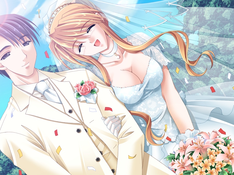 blonde hair, bouquet, breasts, choker, cleavage, closed eyes, confetti, couple, dress, flower, happy, open mouth, smile, wedding, wedding dress