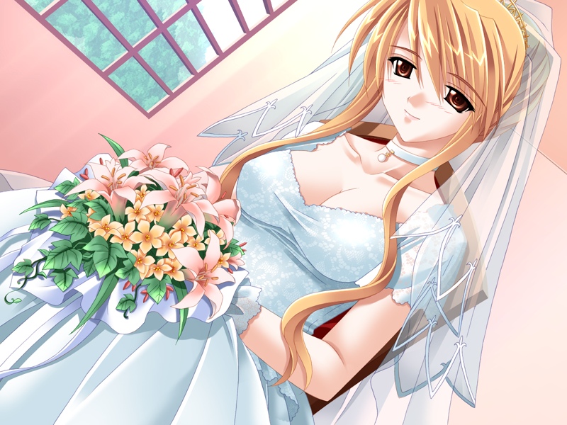 blonde hair, bouquet, breasts, choker, cleavage, dress, flower, smile, wedding dress
