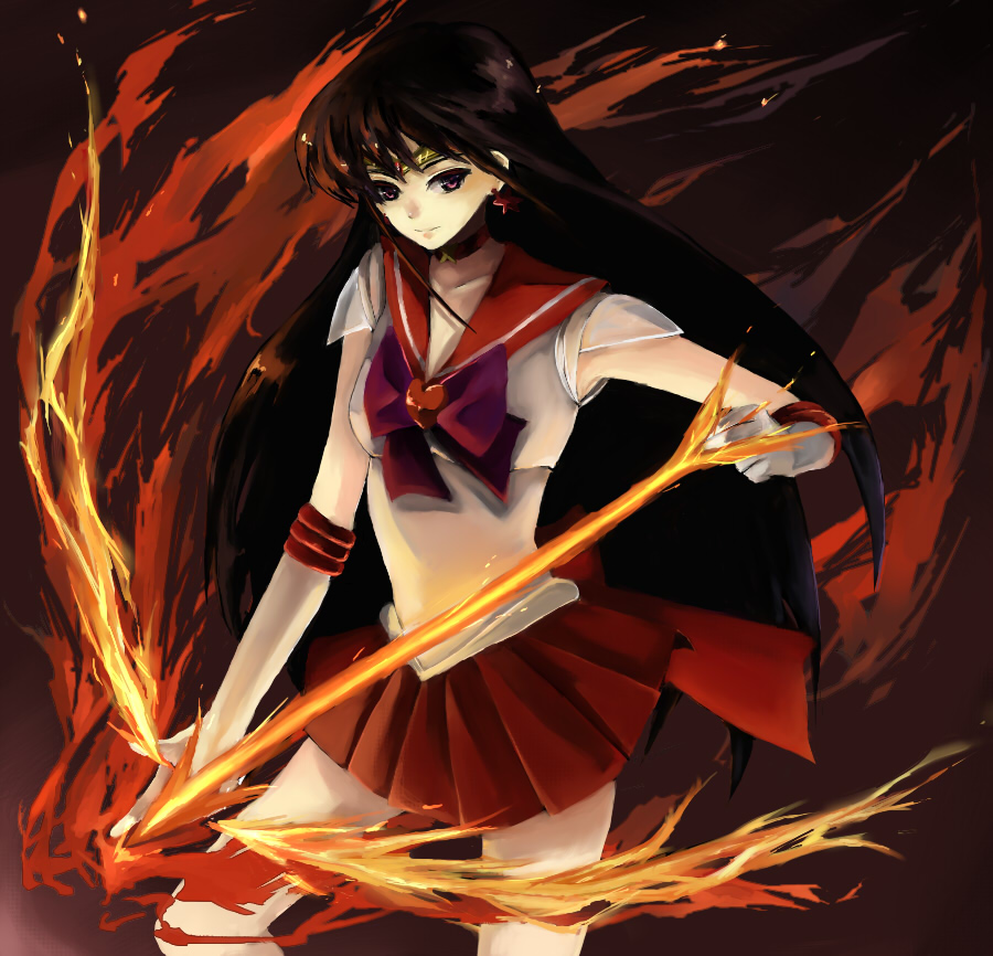 nako, nako (nonrain), hino rei, sailor mars, bishoujo senshi sailor moon, bad id, bad pixiv id, 1990s (style), 1girl, black hair, bow (weapon), brooch, choker, earrings, elbow gloves, female focus, fiery background, fire, flaming weapon, gloves, heart, heart brooch, jewelry, long hair, magical girl, red skirt, retro artstyle, skirt, solo, tiara, weapon, white gloves