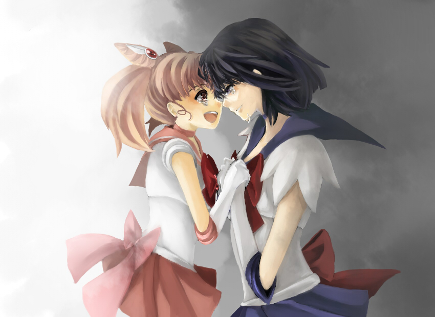 nako, nako (nonrain), chibi usa, sailor chibi moon, sailor saturn, tomoe hotaru, bishoujo senshi sailor moon, bishoujo senshi sailor moon s, bad id, bad pixiv id, 1990s (style), 2girls, black hair, bob cut, bow, brown bow, child, choker, cone hair bun, elbow gloves, gloves, hair bun, holding hands, magical girl, multiple girls, pink hair, purple skirt, retro artstyle, sailor senshi, short twintails, skirt, tears, twintails, white gloves