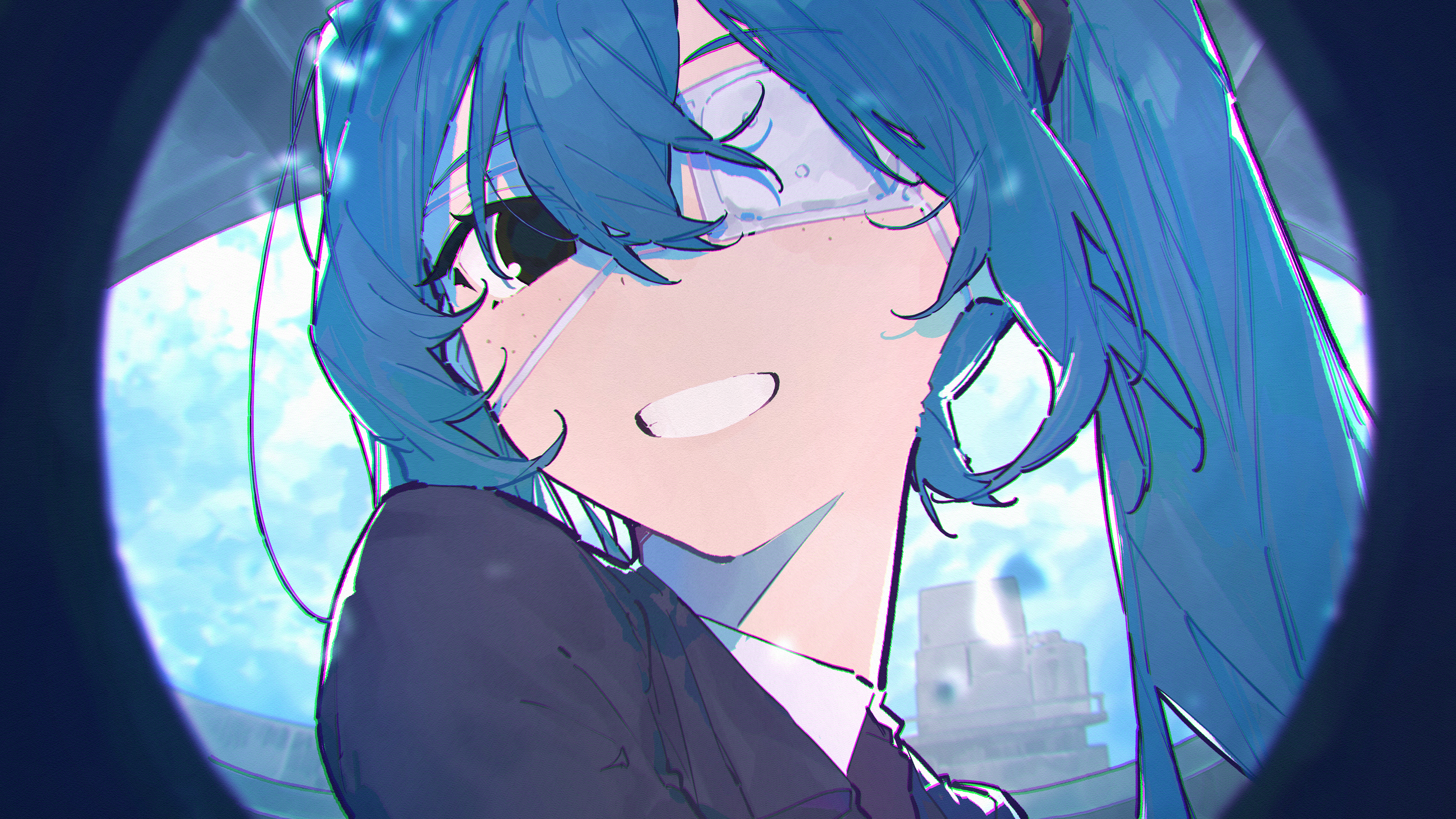 shiloroshi, hatsune miku, monitoring (vocaloid), vocaloid, absurdres, highres, 1girl, :d, aqua hair, black eyes, black jacket, bright pupils, eyepatch, grin, hair between eyes, jacket, necktie, one eye covered, open mouth, pov peephole, shirt, sky, smile, solo, twintails
