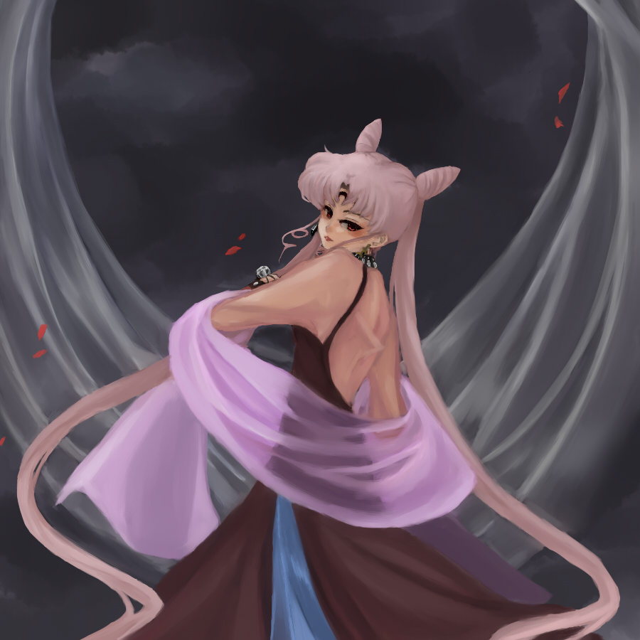 nako, nako (nonrain), black lady (sailor moon), chibi usa, bishoujo senshi sailor moon, bishoujo senshi sailor moon r, bad id, bad pixiv id, 1990s (style), 1girl, aged up, cone hair bun, crescent, crescent facial mark, facial mark, female focus, forehead mark, hair bun, jewelry, long hair, pink hair, red eyes, retro artstyle, see-through clothes, shawl, solo, very long hair