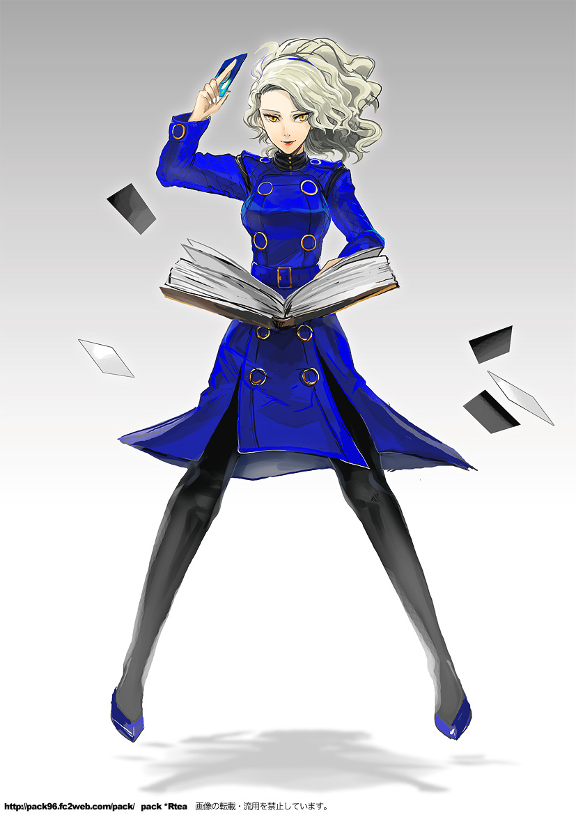 maguchimo, margaret (persona), atlus, persona, persona 4, margaret, silver hair, bad id, bad pixiv id, 1girl, belt, book, card, curly hair, dress, female focus, floating, floating card, holding, holding card, lipstick, makeup, pantyhose, ponytail, solo, yellow eyes