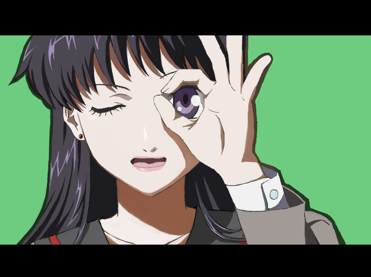 nako, nako (nonrain), umetsu yasuomi, hino rei, bishoujo senshi sailor moon, joshi kousei, bad id, bad pixiv id, 1girl, black hair, female focus, letterboxed, lips, lipstick, makeup, one eye closed, parody, purple eyes, solo, wink