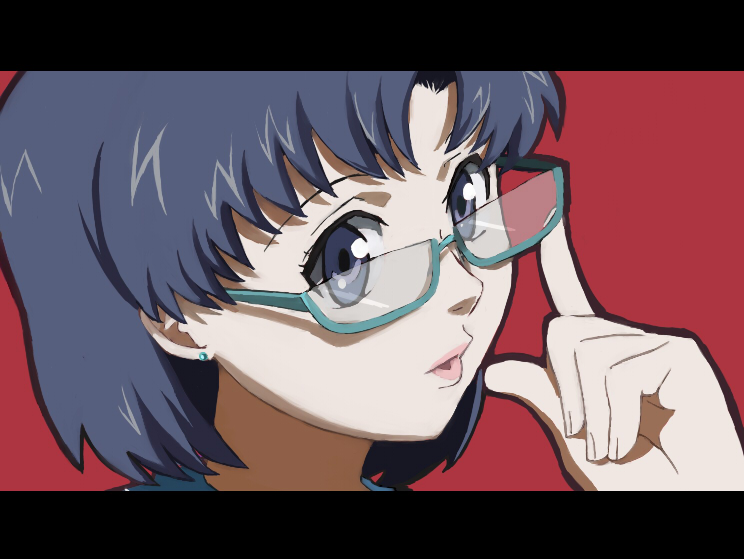 nako, nako (nonrain), umetsu yasuomi, mizuno ami, sato ayano, satou ayano, bishoujo senshi sailor moon, joshi kousei, bad id, bad pixiv id, 1girl, adjusting eyewear, bespectacled, blue eyes, blue hair, female focus, glasses, lipstick, makeup, matching hair/eyes, parody, solo